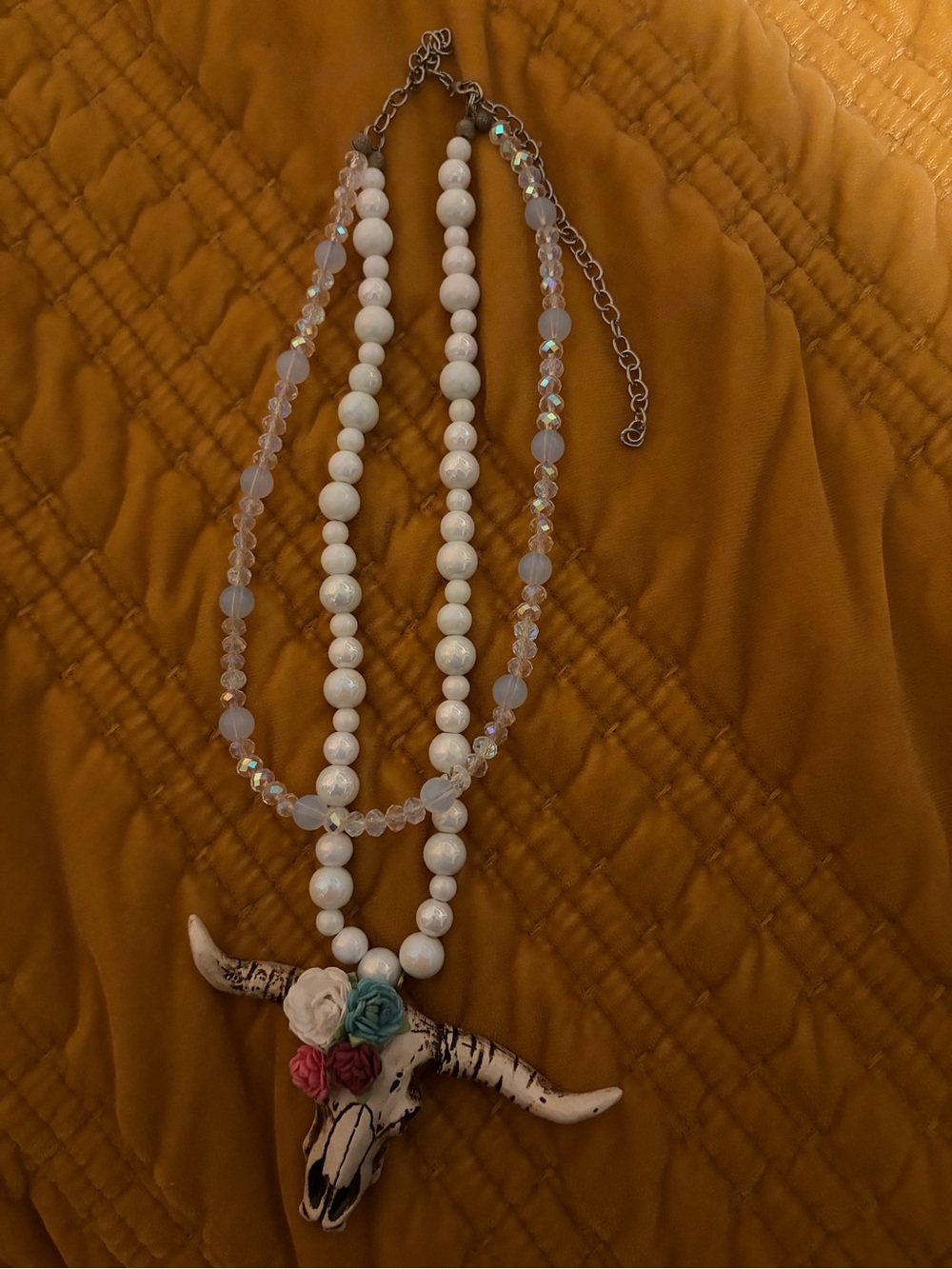 Hand Crafted White Beaded Necklace with Floral Skull Pendant